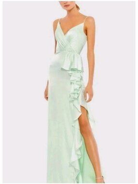 Mac Duggal 67815 Pistachio Satin Ruffle Asymmetrical Gown Dress NWT Size 8